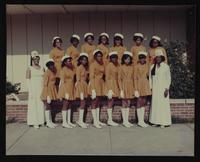 AEAONMS - Edith Court - Loretta Buckner (at right) and unidentified woman with fourteen teenage girls standing outside