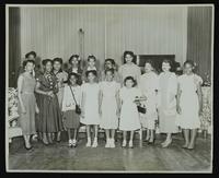 Group of women (five?) and girls (ten) at Hair Style Review [of Powder Box Academy?]