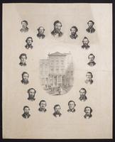 First Free State legislature [lithograph of etching of Babcock & Lykins building surrounded by medallion portraits]