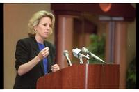 Jill Docking speaking at the Lawrence Chamber of Commerce for senate campaign