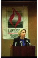 Jill Docking speaking at the Lawrence Chamber of Commerce for senate campaign