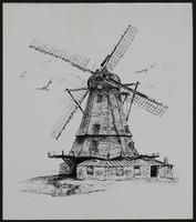 Lawrence historic houses - razing of Palm home at Ninth and Emery Road recalls windmill built by Palm. View of ink drawing of windmill.