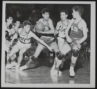 LHS Basketball - LHS v. Argentine. (L to R) Larry Kelley, Bob Castenada, Chuck McIntyre, Gary Stronach.
