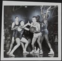 LHS Basketball v. Ottawa (L to R) Gordon Abernathy; Doyle Schick; Ottawa&#39;s Bob Morris; Junior Smith; Carlton Hamm.