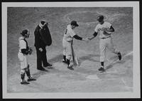 KC Baseball - (L to R) (A&#39;s catcher) Bill Shantz; unidentified umpire; Charlie Silverra; Elston Howard.