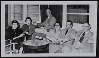 Douglas County - Ranchers at Ireland Airport. (L to R) Mrs. Fred McLeod; Mrs. Harold Lukens; Mr. and Mrs. O. R. Shultz; Harold Lukens; Fred McLeod.