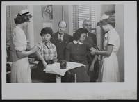 Salk Vaccine - Haskell (L to R) Mrs. Magdalena Dukelow; Ruby Singer; Dr. C. A. McIntyre; Betsy Quesada; Dr. W. O. Nelson; Mrs. Colleta Nelson.