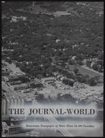 Aerial view of downtown Lawrence - SW from over KS river below dam.