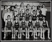 LJHS Basketball - Front Row (L to R) Jerry Schofer; Les Nesmith; Denis Cawley; Andy Graham; John Hadl; Larry Hodgson. Middle Row - Coach Wilbur (Nanny) Duver; Dwight Perry; Phil Kipp; Tom Boyd; Larry Hatfield; Leroy Brown. Back row - Fred Zimmerman, manager; Oatis Vann; Joe Romero; Jeri Craig; Jack Galloway; Fred Adamson; Darrel Green; Mike Clem, Manager.