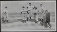 KC Baseball - v. Yankees (probable) (L to R) Unidentified; Case Stengel, manager; Bill Bonham ?; Yogi Berra; first baseman unidentified; umpire unidentified.