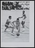 LHS Basketball vs. McPherson (a) (L to R) Jerry Nelson 50 McP..; Schick 42; Hamm 34. (b) Ragan 43 LHS; unidentified Schick 42. (c) Shick 42 LHS; unidentified Hamm 34. (d) Schick 42; Hamm 34. (e) Smith 41; 3 unidentified Ragan 43; Hamm 34; unidentified (f) 2 unidentified Ragan 43; unidentified Schick 42 with ball.
