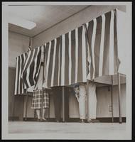 Sandra Kay Davis peeking from election booth.