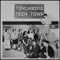 Tonganoxie - teen town center (L to R) Carolyn Leavitt; Cleta Gunn; Carol Scott; Mary Kissinger; Phyllis Hancock; Gary Elston; Ted Weeks; Eddie Mills.