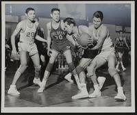Haskell Basketball V. Chillocco (L to R) Willi Sevier (20); Charley Stephens (30); Unrich Keever (21); Ken Bailey; Bob Wirtelorlies (20).