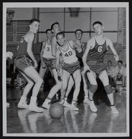 LJH Basketball - vs. Leavenworth (L to R) Grablem (55); Larry Flannery; Doug Koehler; Justin Rice (4); Barker (6).