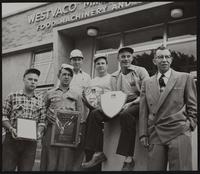 Lawrence Industries - Westvaco - safety awards (L to R) Robert Williams; Gilbert Sherman; Ed Ewing; John Murphy; Elmer Cramer; W. E. Yates, Mgr.