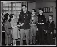 Scouts - Sunflower (L to R) Betty Crawford; Linda Parker; Maj. Donald L. Catherman, Commander of Sunflower Ordnance Works; Harry Steward; Barret Spurgeon; George Anderson.