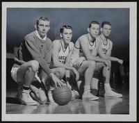 LHS Basketball - (L to R) Jerry Waugh, Coach; Larry Kelley, Forward; Chuck McIntyre, Forward; Gordon Abernathy, center.