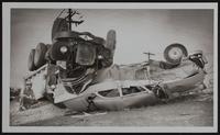 Auto wrecks - no one injured in spectacular wreck - drivers Dred Harold Henry and John Voss.