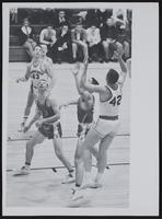 LHS Basketball vs. McPherson (a) (L to R) Jerry Nelson 50 McP..; Schick 42; Hamm 34. (b) Ragan 43 LHS; unidentified Schick 42. (c) Shick 42 LHS; unidentified Hamm 34. (d) Schick 42; Hamm 34. (e) Smith 41; 3 unidentified Ragan 43; Hamm 34; unidentified (f) 2 unidentified Ragan 43; unidentified Schick 42 with ball.