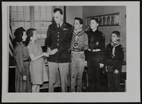 Scouts - Sunflower (L to R) Betty Crawford; Linda Parker; Maj. Donald L. Catherman, Commander of Sunflower Ordnance Works; Harry Steward; Barret Spurgeon; George Anderson.