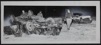 Auto Wrecks - Collision on Highway 40 west of Lawrence; Drivers Lynn Kirkwood of KC and Chester Archie Staten, Topeka. (L to R) Rex Johnson, Undersheriff; Highway patrolman Neal Thomasson; Deputy Ben Way.