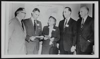 Council of Foreign Relations - Local teachers attend (L to R) J. E. Stonecipher, president of North Cent. Assoc; Clark Coan, LHS; Mrs. Gertrude Coy, LHS; Robert Goldberg, editor of Sci Res Assoc; John Nuveen, former economy coop. administrator