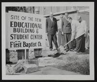 First Baptist Church - Bob Green (With Shovel) Contractor, (L to R) Wilbur Bantz, Prof. Ray Q Brester, M.R. Carlson, Rev. Harold B. Lundgren.