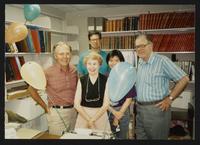 Library staff celebration with balloons in academic library